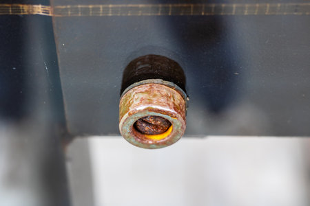 A close-up of a rusty bolt mounted on a glossy surface, showing corrosion and texture. Ideal for industrial or maintenance themes.の写真素材