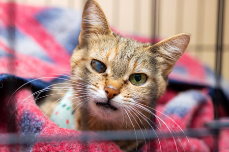 A cat is on a blanket in a cage, looking at the camera