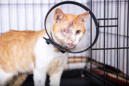 There is a cat that has a cone-shaped device around its neck, and it is currently located inside a...