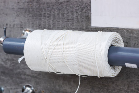 white twine spool on rod close shot showing textured cotton fibers and loose tail, mounted on metal...