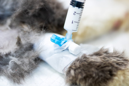 syringe connected to intravenous catheter hub, veterinary technician administering measured medication flush, tapedの写真素材