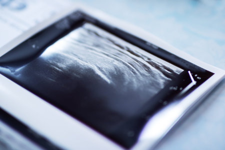 Instant photo developing closeup on tabletop, glossy black emulsion forming subtle ripples and reflections, shallowの写真素材