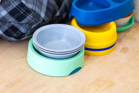 Stacked colorful pet bowls on floor, silicone and plastic nesting bowls beside plaid blanket, travel...