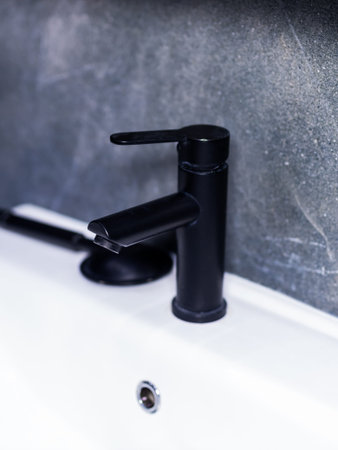 Matte black faucet on sink, closeup capturing textured gray wall and ceramic basin, sleek lever handle, tiny waterの写真素材
