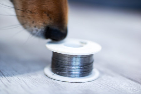 Close up dog nose near spool of metallic thread on wooden table, curious sniffing, shallow depth of field, soft naturalの写真素材