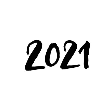 2021 text design Black color, Collection of Happy New Year and happy holidays, lettering design element, handwritten isolated on white background. Calendar 2021, Paintbrush stroke.のイラスト素材