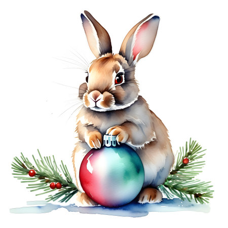 Cute brown rabbit holding a Christmas bauble in front paws, fir tree branches around. Copyspaceの素材