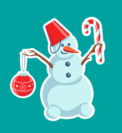 Merry snowman holding Christmas bauble and candy cane. Cute cartoon, isolated editable stickerのイラスト素材