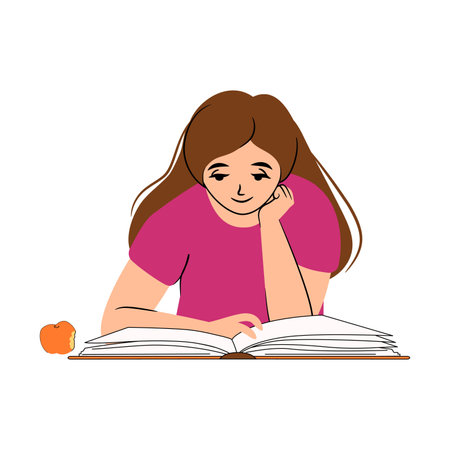 Happy introverted girl having a nice calm time reading a big interesting book, apple next to herのイラスト素材