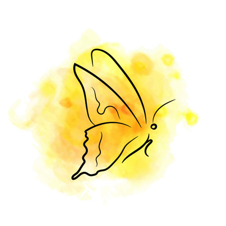 Beautiful calligraphic butterfly drawn with ink, with yellow fiery watercolor splashesのイラスト素材