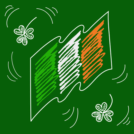 Flag of Ireland and shamrocks in form of chalk or pencil scribble, child doodle. Sketchy national symbol on green for designs, printsのイラスト素材