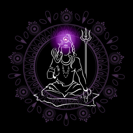 Shiva, Hindu god, giving blessing, with glowing Sahasrara crown chakra and circle design on background. Beautiful black hand drawn vector elements for printsのイラスト素材