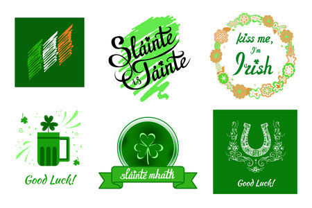 Irish elements, emblems with national flag, wishes of health and luck, beer mug, shamrock, joke in flower wreath, horseshoe. Greeting ornate vector designs for printsのイラスト素材