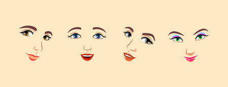 Cartoon, anime faces at various angles. Positive smiling women. Types of temper, expressions
