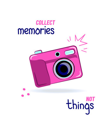 Cartoon card, retro pink Y2K style digital photo camera and lettering - Collect moments, not thingsのイラスト素材