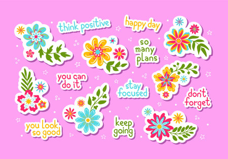 Flowers and motivational lettering phrases, stickers in retro Y2K style. For planner, surfaces etcのイラスト素材
