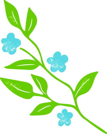 Elegant light-green twig with pointed leaves and blue flowers, herb on transparent backgroundのイラスト素材