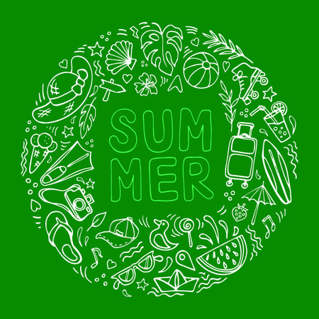 Summer symbols doodle circle composition and lettering on green background. Various vacation...