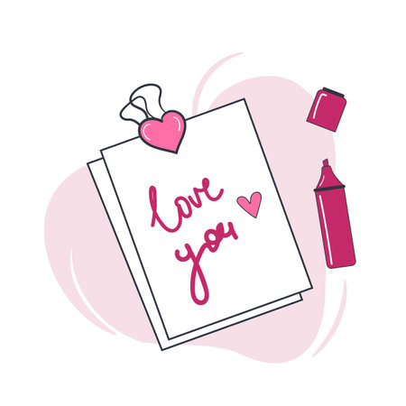 Hand lettering Love you on sheet of paper with pink highlighter. Cute cartoon design for printsのイラスト素材