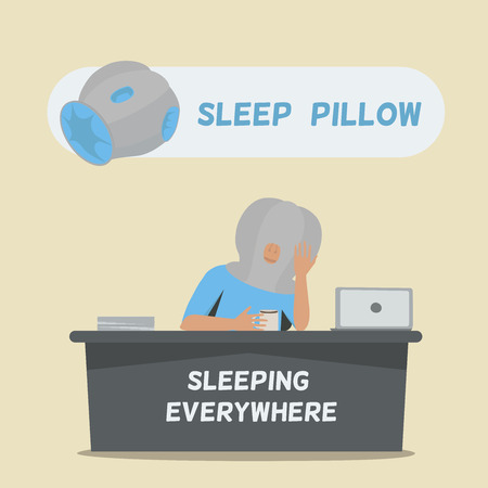 Sleep pillow for sleeping everywhere. Tired businessman is seating.のイラスト素材
