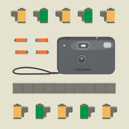 The old photo camera, photo films and batteriesのイラスト素材