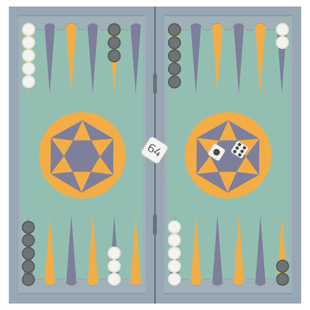 Backgammon on the wooden box, three dice and chips.のイラスト素材