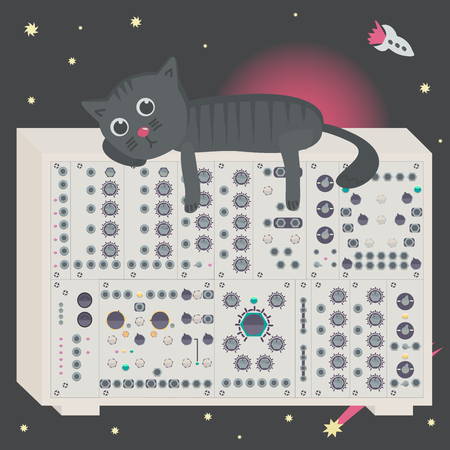 Cat on synthesizer in space with spaceship and asteroid.のイラスト素材