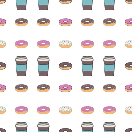 Seamless pattern. A coffee Cup with a lid and a glazed donut. Breakfast in the cafe. Vector illustration.のイラスト素材