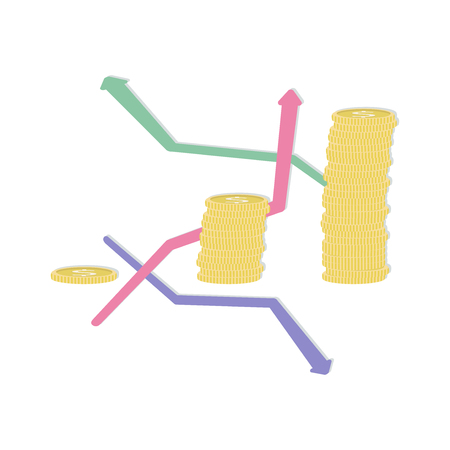 Arrows and coins growth chart isolated on white. Vector illustration.のイラスト素材