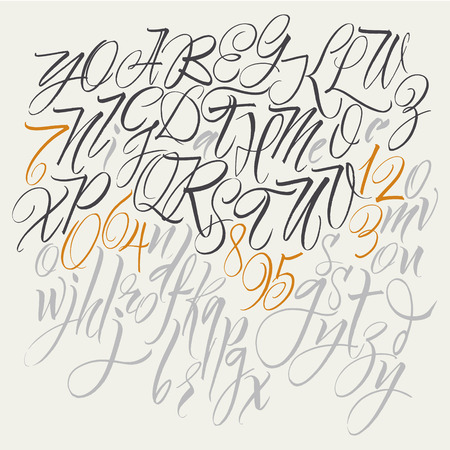 Alphabet letters: uppercase, lowercase, numbers. Elegant writing. Vector alphabet. Hand drawn letters. Letters of the alphabet written with a brushのイラスト素材