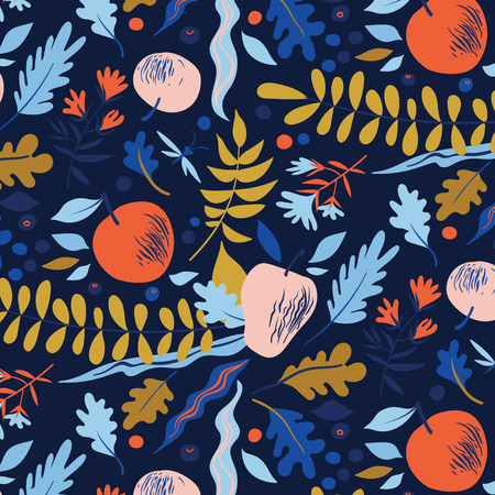 Autumn pattern with leaves, berries, flowers and apples. Good for package for juice, cosmetics or menu designのイラスト素材