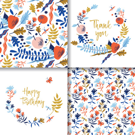 Autumn pattern with leaves, berries, flowers and apples. Wedding or Birthday invitationのイラスト素材