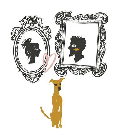 Illustration for Valentine's day. Portraits of two lovers and waiting dog. Greeting cardのイラスト素材