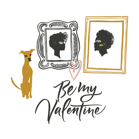 Illustration for Valentine's day. Portraits of two lovers and waiting dog. Greeting cardのイラスト素材