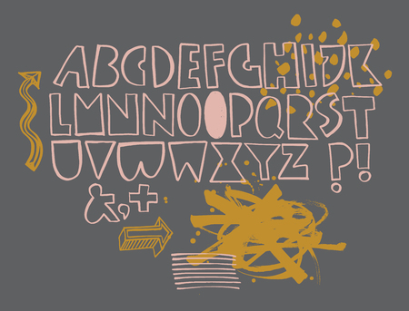 Bold playful geometric font with arrows and blots, vector illustration.のイラスト素材
