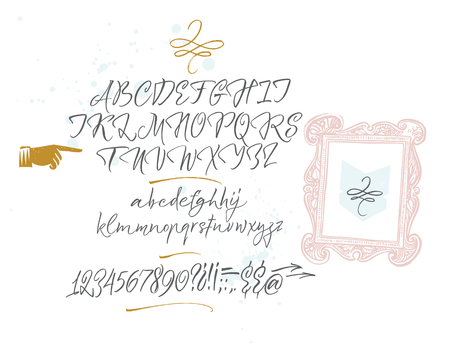 Elegant calligraphic brush typeface with decor: baroque frame, swashes, pointer and blots.のイラスト素材
