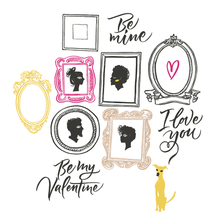 Illustration for Valentine's day. Portraits of two lovers and waiting dog. Greeting card. Be mine, I love you.のイラスト素材