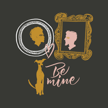 Illustration for Valentine's day. Portraits of two lovers and waiting dog. Greeting card. Be mine, I love you.のイラスト素材