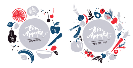 Navy-blue-red colored various of vegetables and fruit in a circle. Autumn crop. Farm market products. Homemade labelのイラスト素材