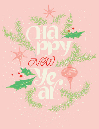 Happy new year card in pink and red. Gentle snowingのイラスト素材