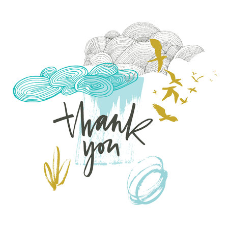 Thank you card with beautiful clouds and birds in blue and mustard colorsのイラスト素材