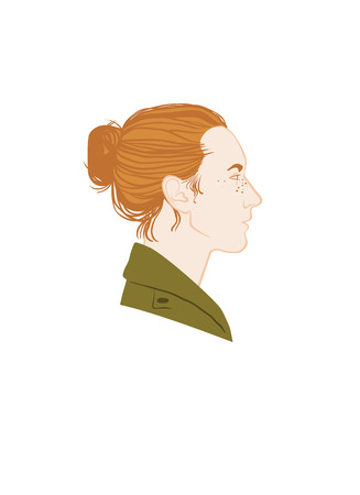 Irish girl profile portrait. Red hair, green military style coatのイラスト素材
