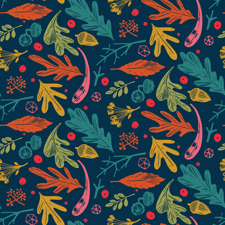 Autumn foliage seamless pattern in blue, orange, green and pinkのイラスト素材