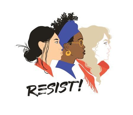 Resist! Stronger together. Girls solidarity. Equal rights for everyone. Feminism. Diversityのイラスト素材