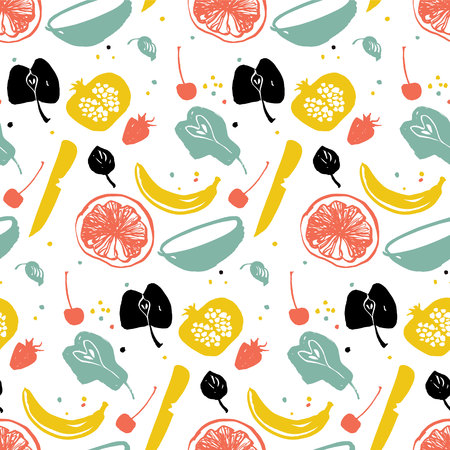 Fruit pattern with pear, banana, citrus and pomegranate. Healthy lifestyle eating. Farmers market. Blue, red and yellowのイラスト素材