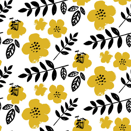 Brush textured flower pattern. Bright yellow and black on whiteのイラスト素材