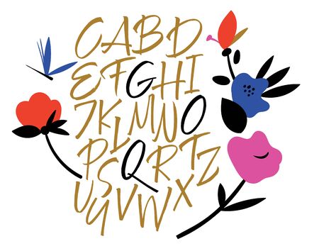 Handwritten font. Script. Latin calligraphic set of flowersのイラスト素材