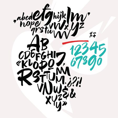 Handwritten font. Script. Latin calligraphic set with numbers and punctuationのイラスト素材