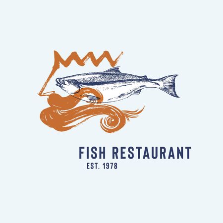 Seafood restaurant logotype. Hand drawn fish and Poseidon with waves and crown vector illustration. Orange and blue. Design templateのイラスト素材