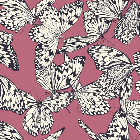 Butterfly seamless pattern in black and white on pink  background. Tropical paradiseのイラスト素材